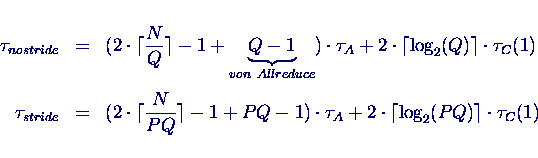 \begin{eqnarray*}
\tau_{nostride} & = & (2 \cdot \lceil \frac{N}{Q} \rceil - 1 ...
...cdot \tau_A + 2 \cdot \lceil \log_2 (PQ) \rceil \cdot \tau_C(1)
\end{eqnarray*}
